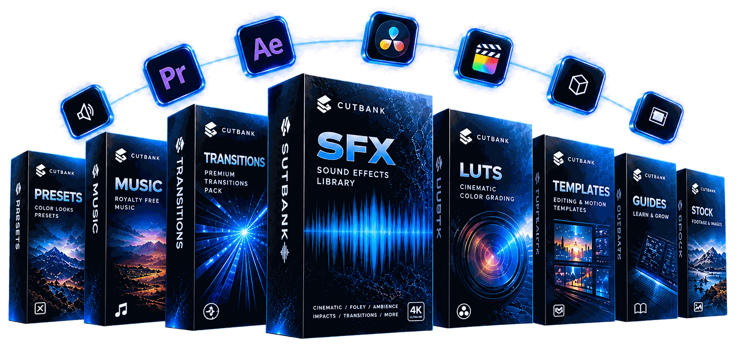 Cutbank bundle: Presets, Music, Transitions, SFX, LUTs, Templates, Guides, Stock